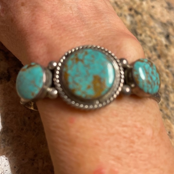 Silver 3 Stone Turquoise cuff Bracelet $2500 Signed - Picture 4 of 11